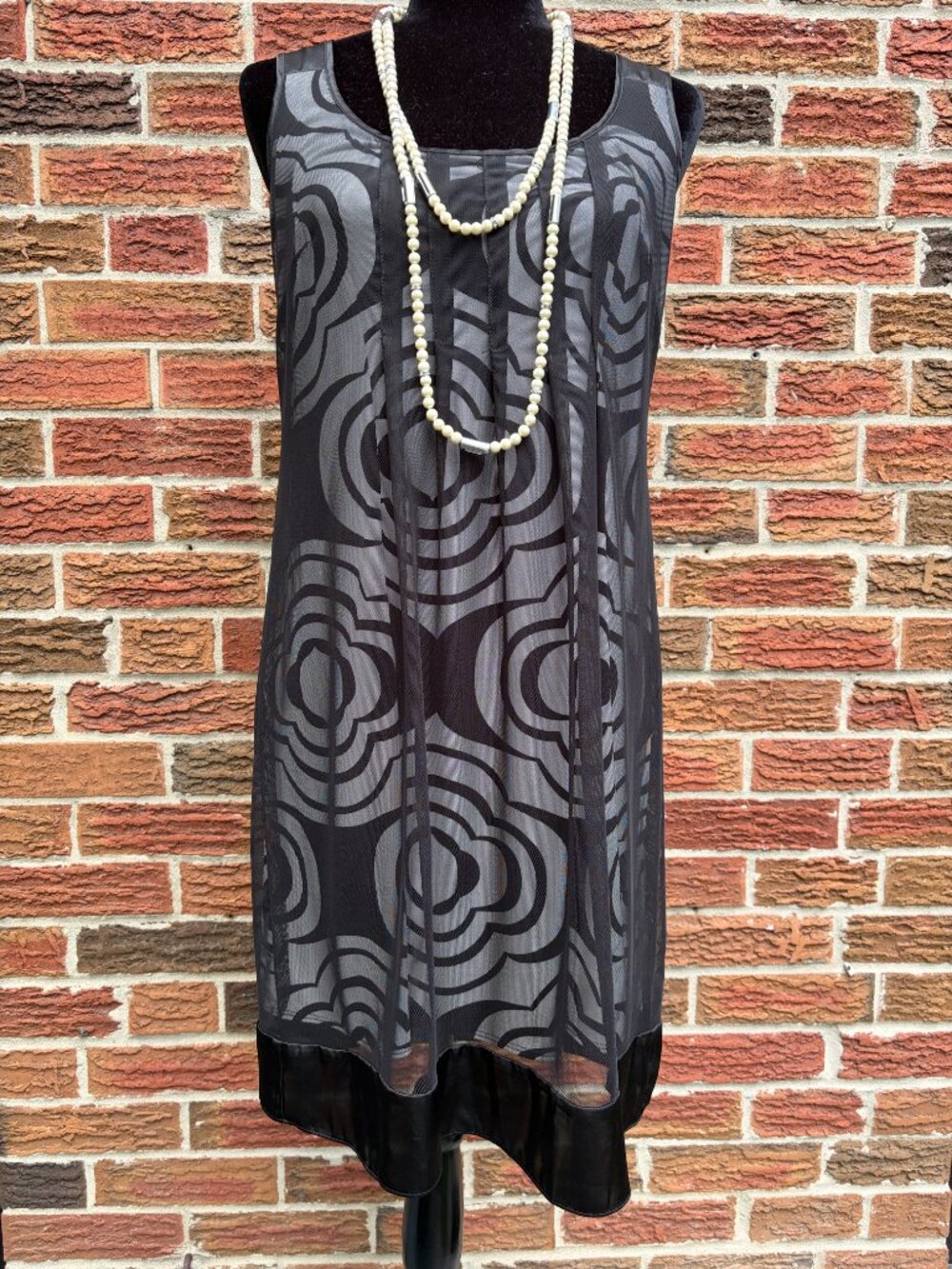 S.L. Fashions Black & Grey Retro Floral Mesh Overlay Dress – Size 8